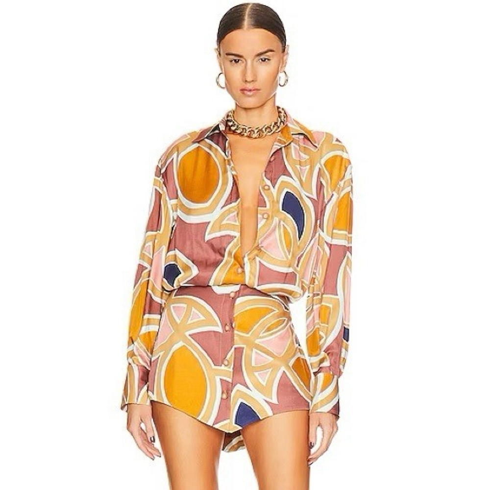 Alexis NEW Alessandro Mini Dress Abstract Maroon L/S Satin Button Front SM $495